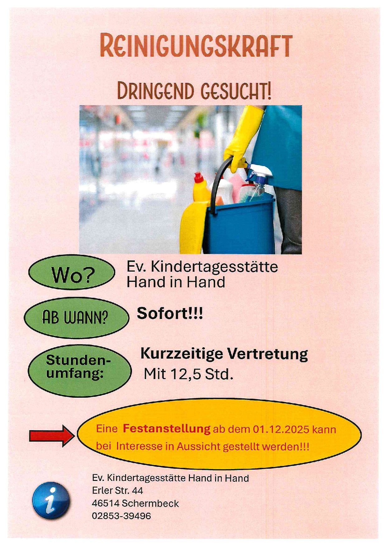 Wir suchen ab sofort eine Vertretung mit 12,5 Wochenstunden für unsere KiTa Hand in Hand.