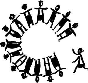 Symbolgrafik: Menschen stehen im Kreis und einer eilt hinzu.